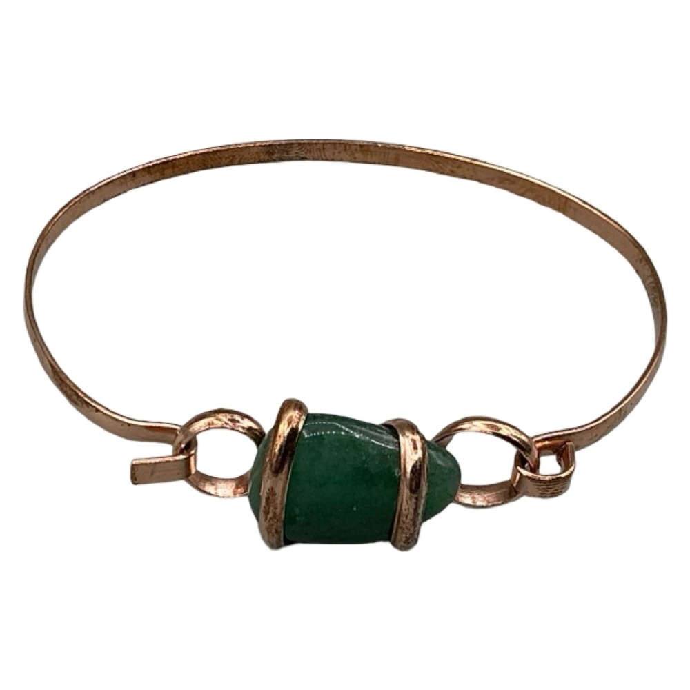Vintage Copper Green Stone Hook Bangle Bracelet Boho Artisan Minimalist Jewelry